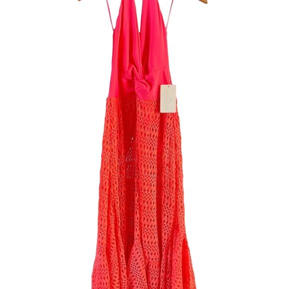 PATBO Crochet Beach Dress Halterneck  Neon Coral Resort Influencer Medium NWT - Picture 4 of 11